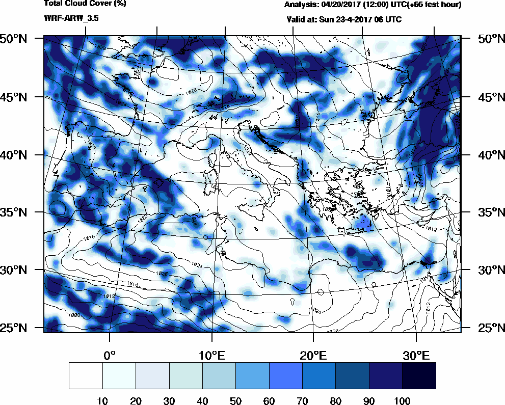 Total cloud cover (%) - 2017-04-23 00:00