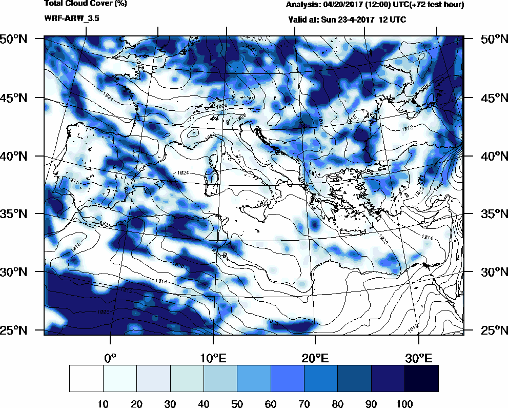 Total cloud cover (%) - 2017-04-23 06:00