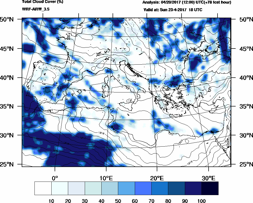 Total cloud cover (%) - 2017-04-23 12:00