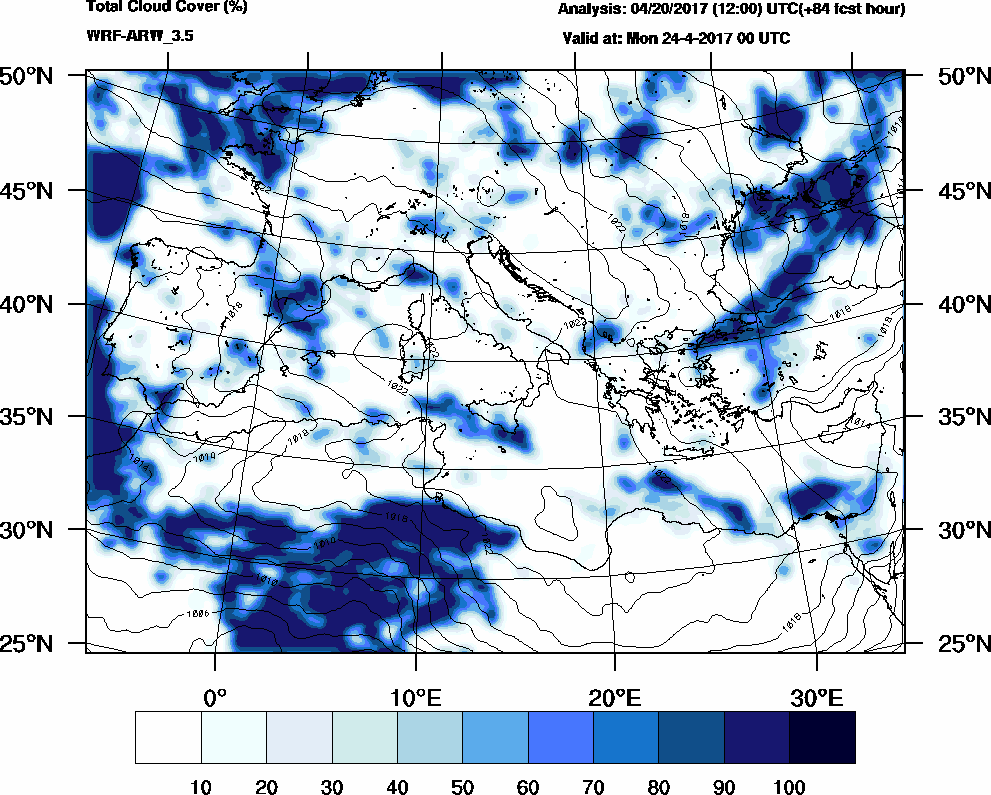 Total cloud cover (%) - 2017-04-23 18:00