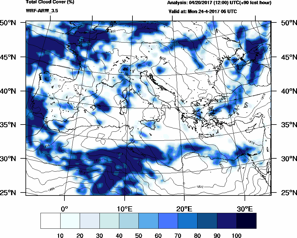 Total cloud cover (%) - 2017-04-24 00:00