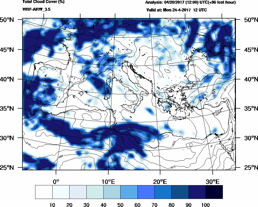 Total cloud cover (%) - 2017-04-24 06:00