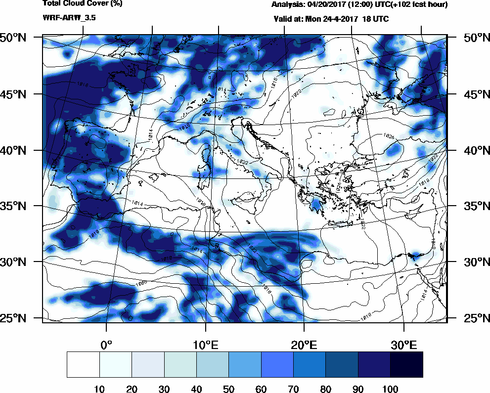 Total cloud cover (%) - 2017-04-24 12:00