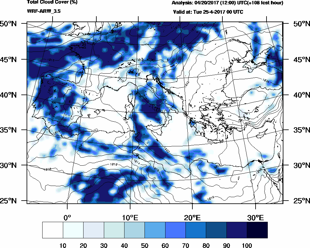 Total cloud cover (%) - 2017-04-24 18:00