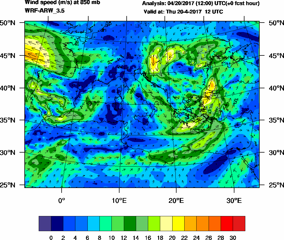 Wind speed (m/s) at 850 mb - 2017-04-20 12:00