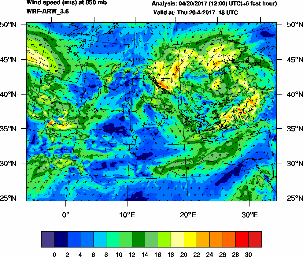 Wind speed (m/s) at 850 mb - 2017-04-20 18:00