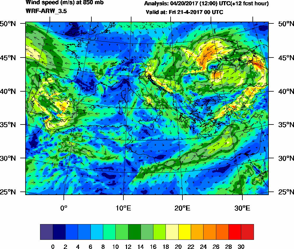 Wind speed (m/s) at 850 mb - 2017-04-21 00:00