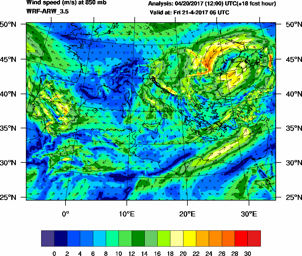 Wind speed (m/s) at 850 mb - 2017-04-21 06:00