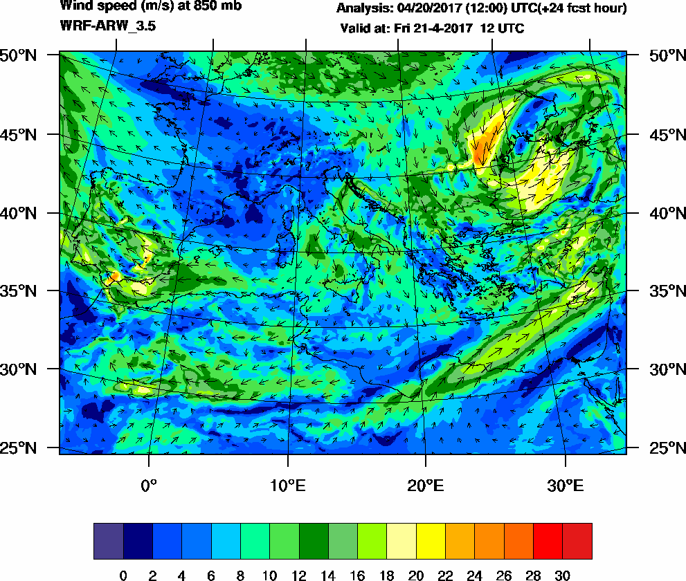 Wind speed (m/s) at 850 mb - 2017-04-21 12:00