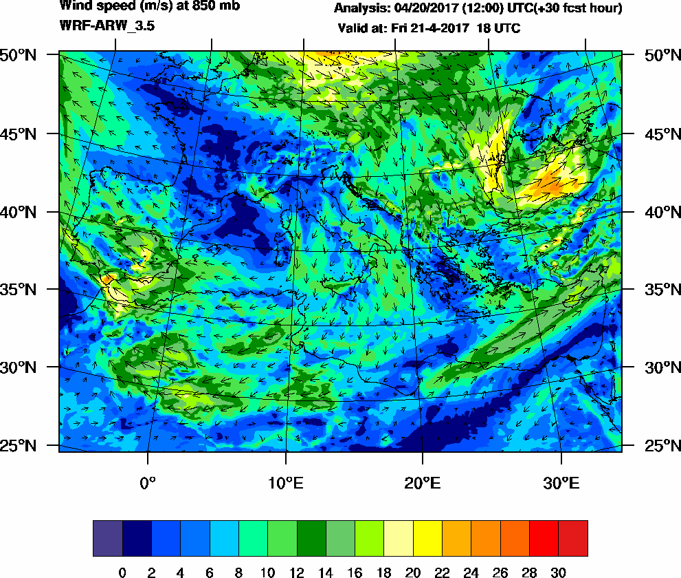 Wind speed (m/s) at 850 mb - 2017-04-21 18:00