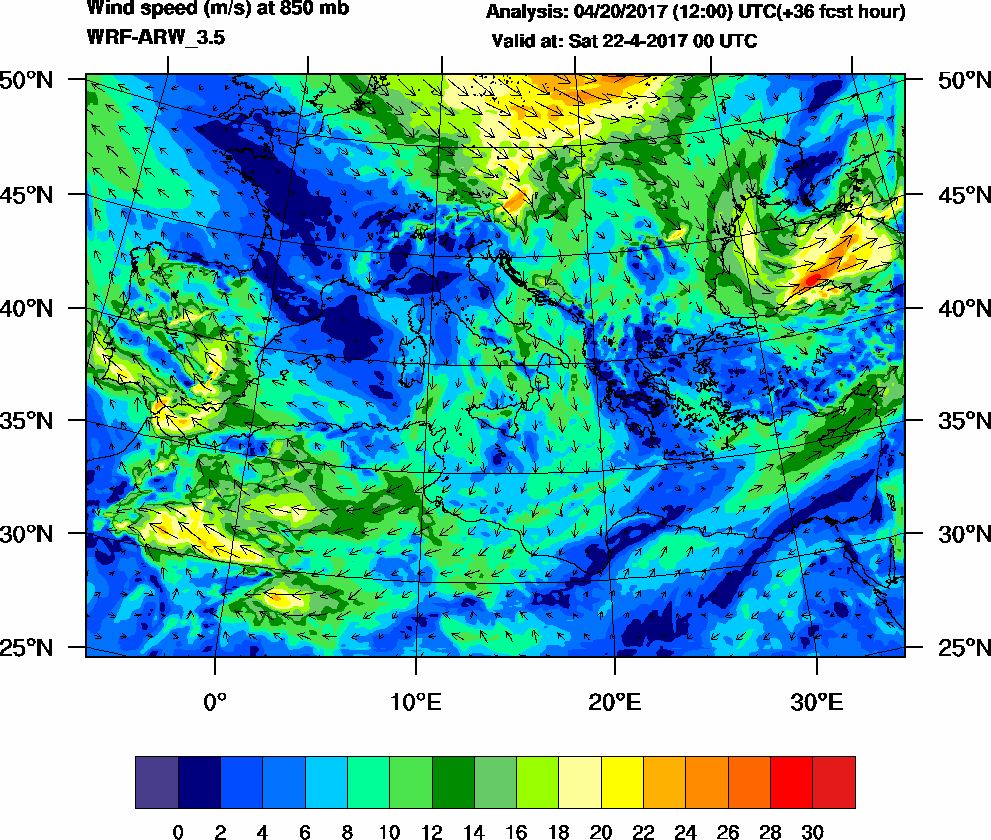 Wind speed (m/s) at 850 mb - 2017-04-22 00:00