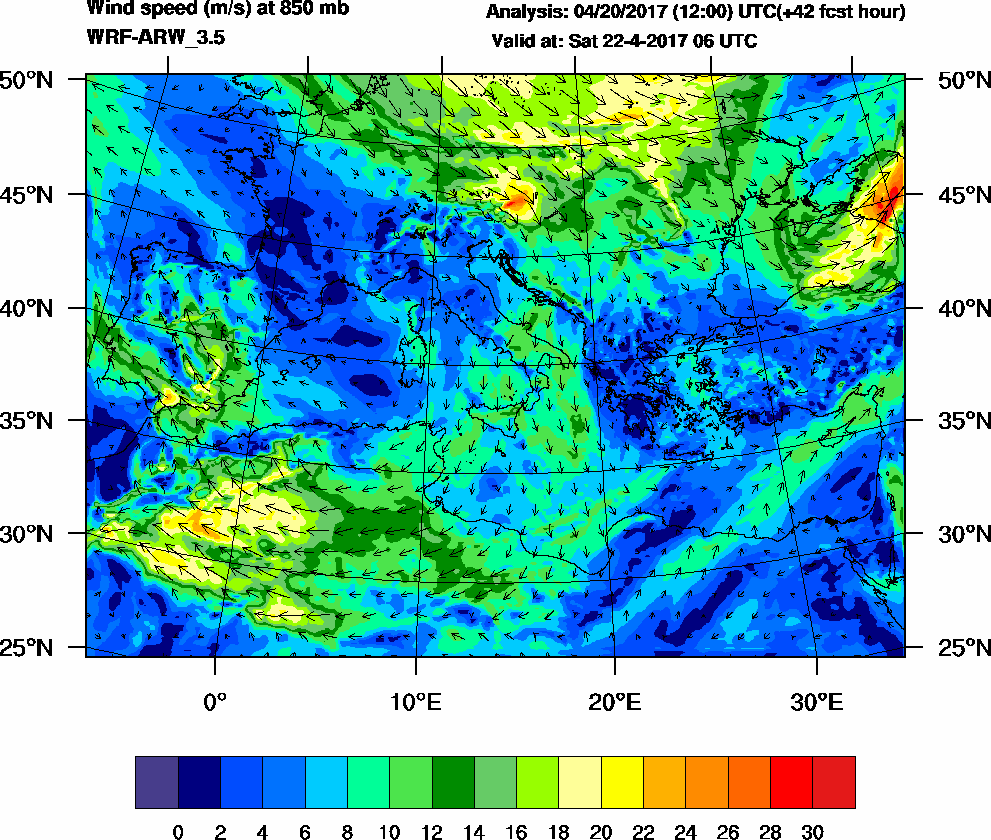 Wind speed (m/s) at 850 mb - 2017-04-22 06:00