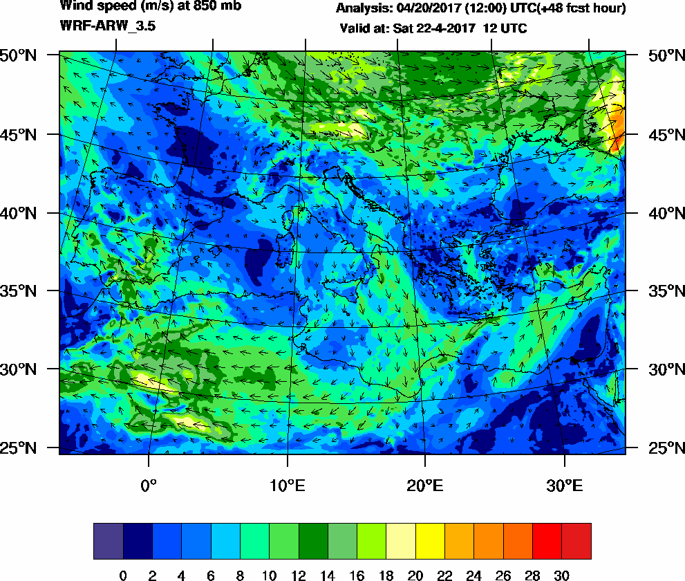 Wind speed (m/s) at 850 mb - 2017-04-22 12:00