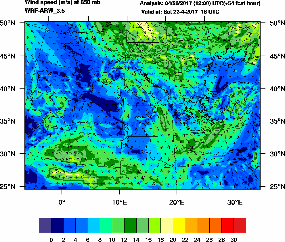 Wind speed (m/s) at 850 mb - 2017-04-22 18:00