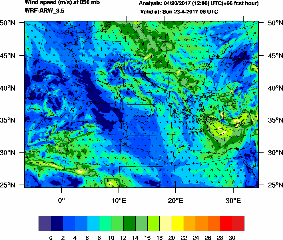 Wind speed (m/s) at 850 mb - 2017-04-23 06:00