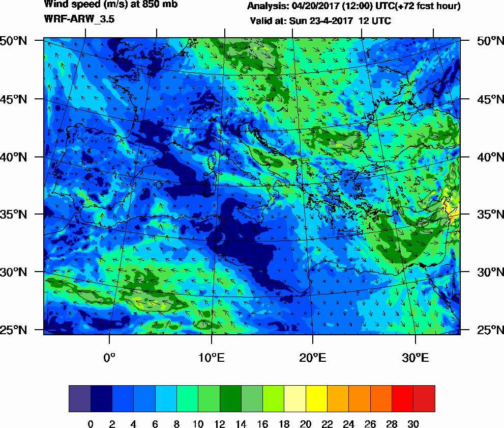 Wind speed (m/s) at 850 mb - 2017-04-23 12:00