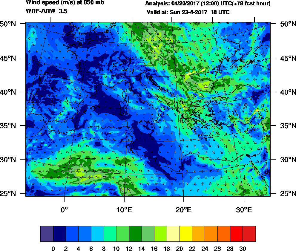 Wind speed (m/s) at 850 mb - 2017-04-23 18:00