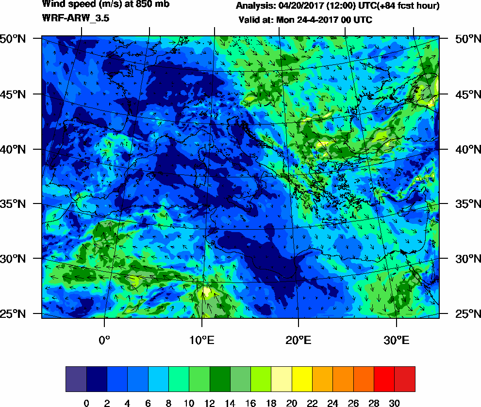 Wind speed (m/s) at 850 mb - 2017-04-24 00:00