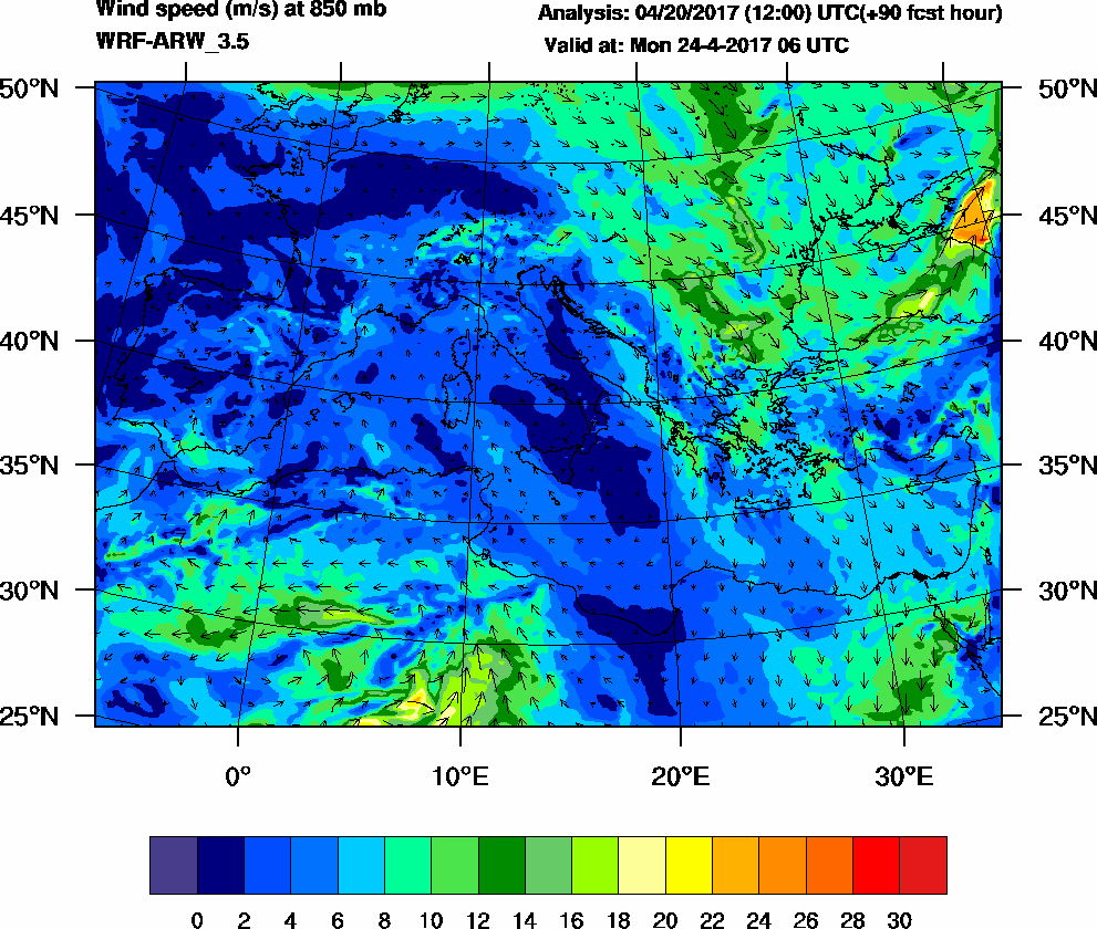 Wind speed (m/s) at 850 mb - 2017-04-24 06:00