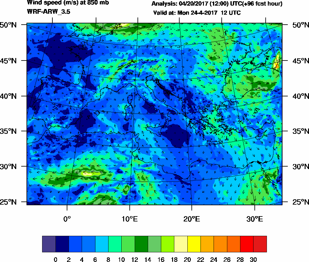 Wind speed (m/s) at 850 mb - 2017-04-24 12:00