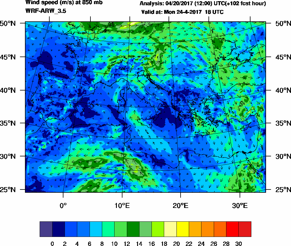 Wind speed (m/s) at 850 mb - 2017-04-24 18:00