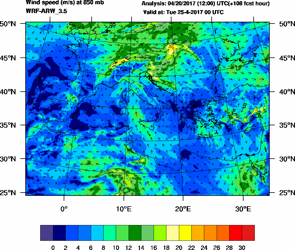 Wind speed (m/s) at 850 mb - 2017-04-25 00:00