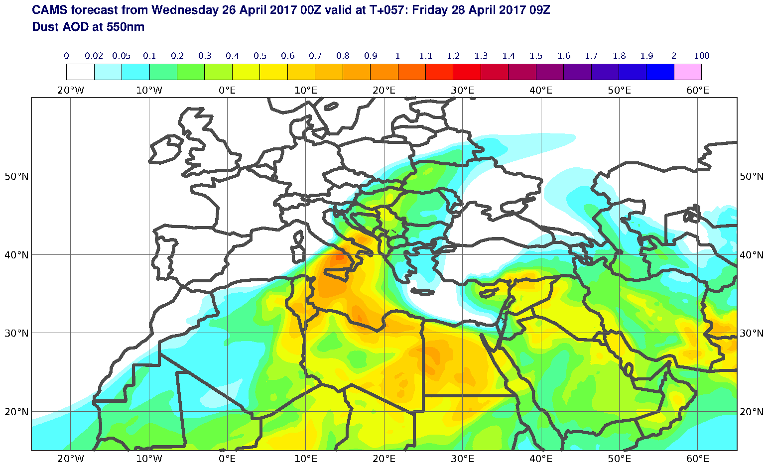 Dust AOD at 550nm valid at T57 - 2017-04-28 09:00