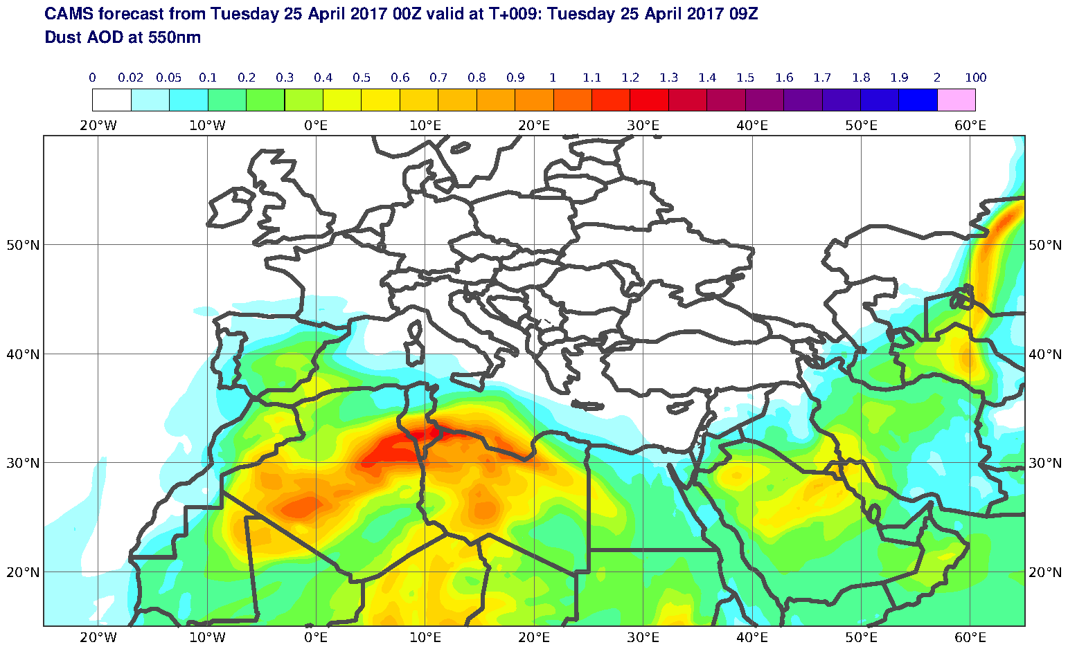 Dust AOD at 550nm valid at T9 - 2017-04-25 09:00