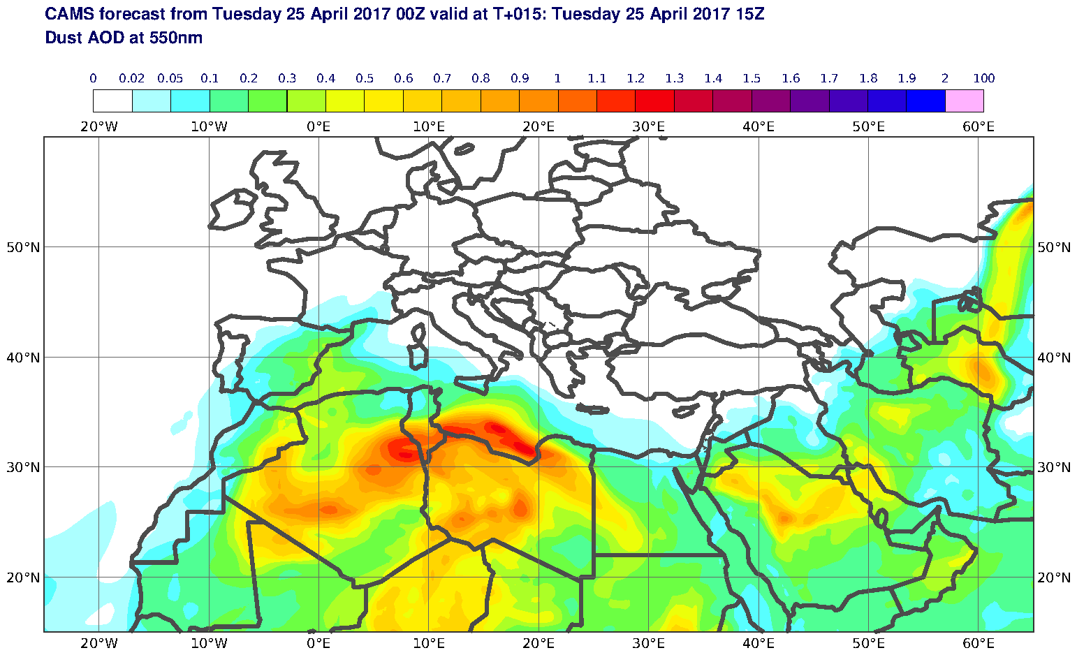 Dust AOD at 550nm valid at T15 - 2017-04-25 15:00