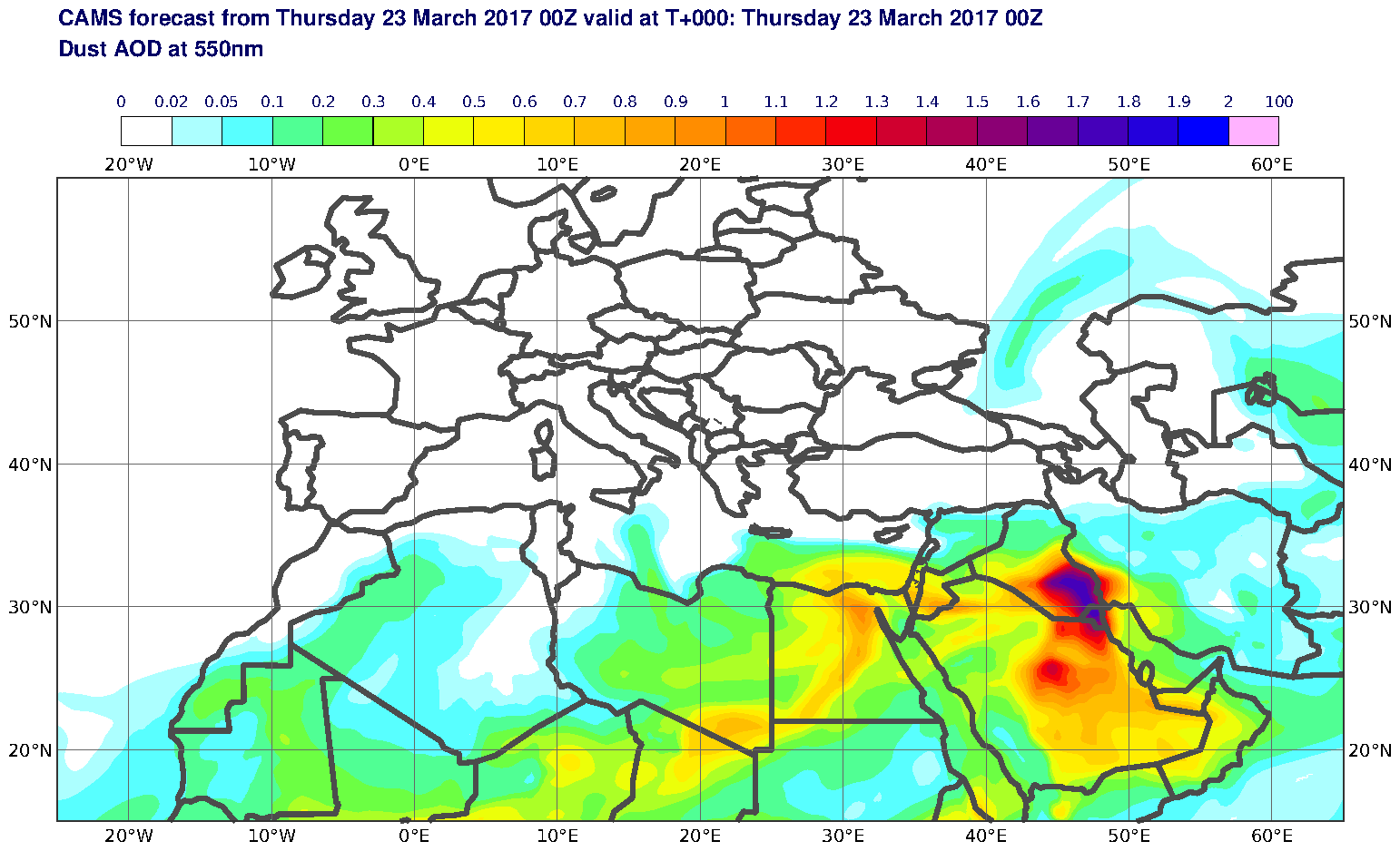 Dust AOD at 550nm valid at T0 - 2017-03-23 00:00