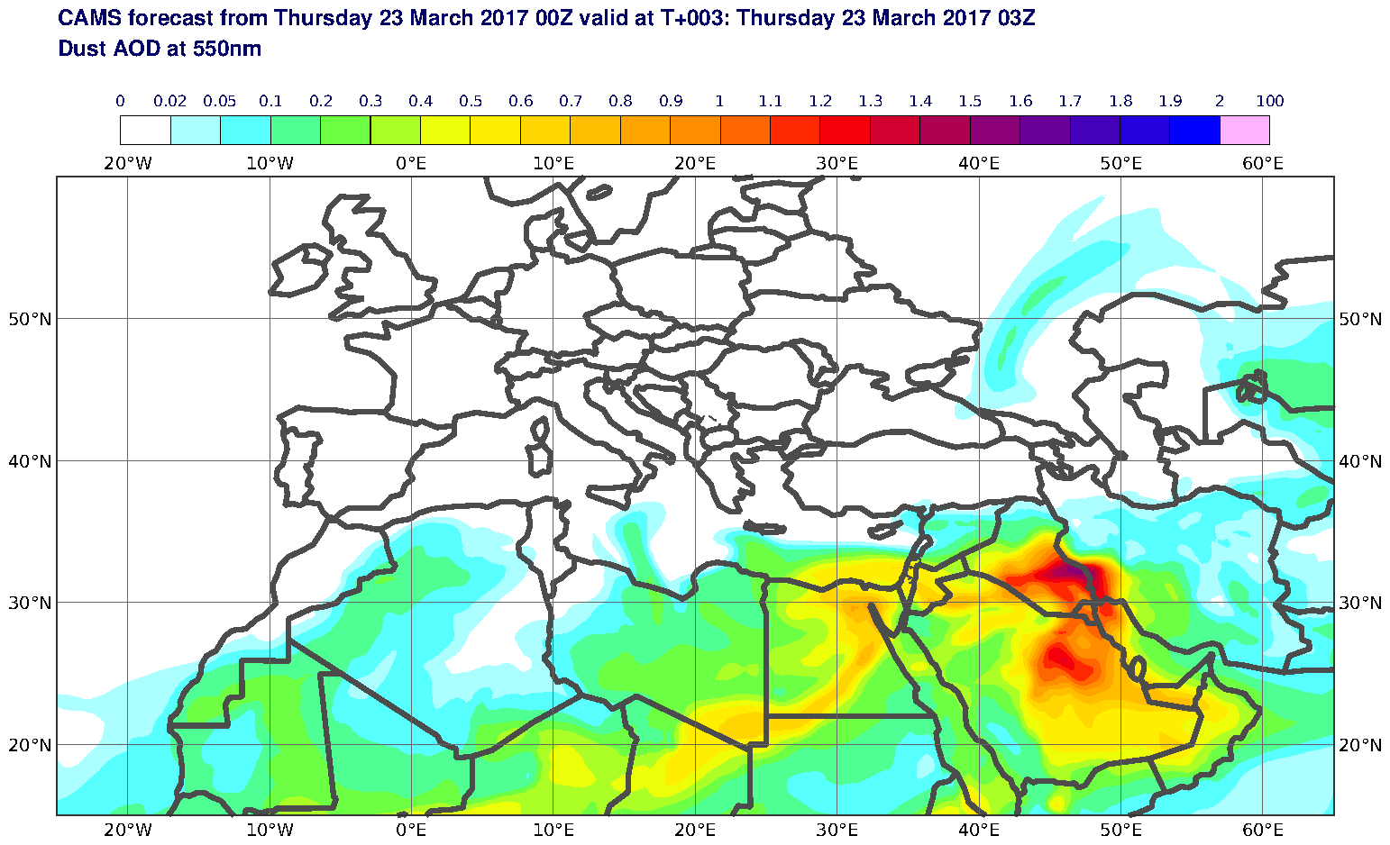 Dust AOD at 550nm valid at T3 - 2017-03-23 03:00