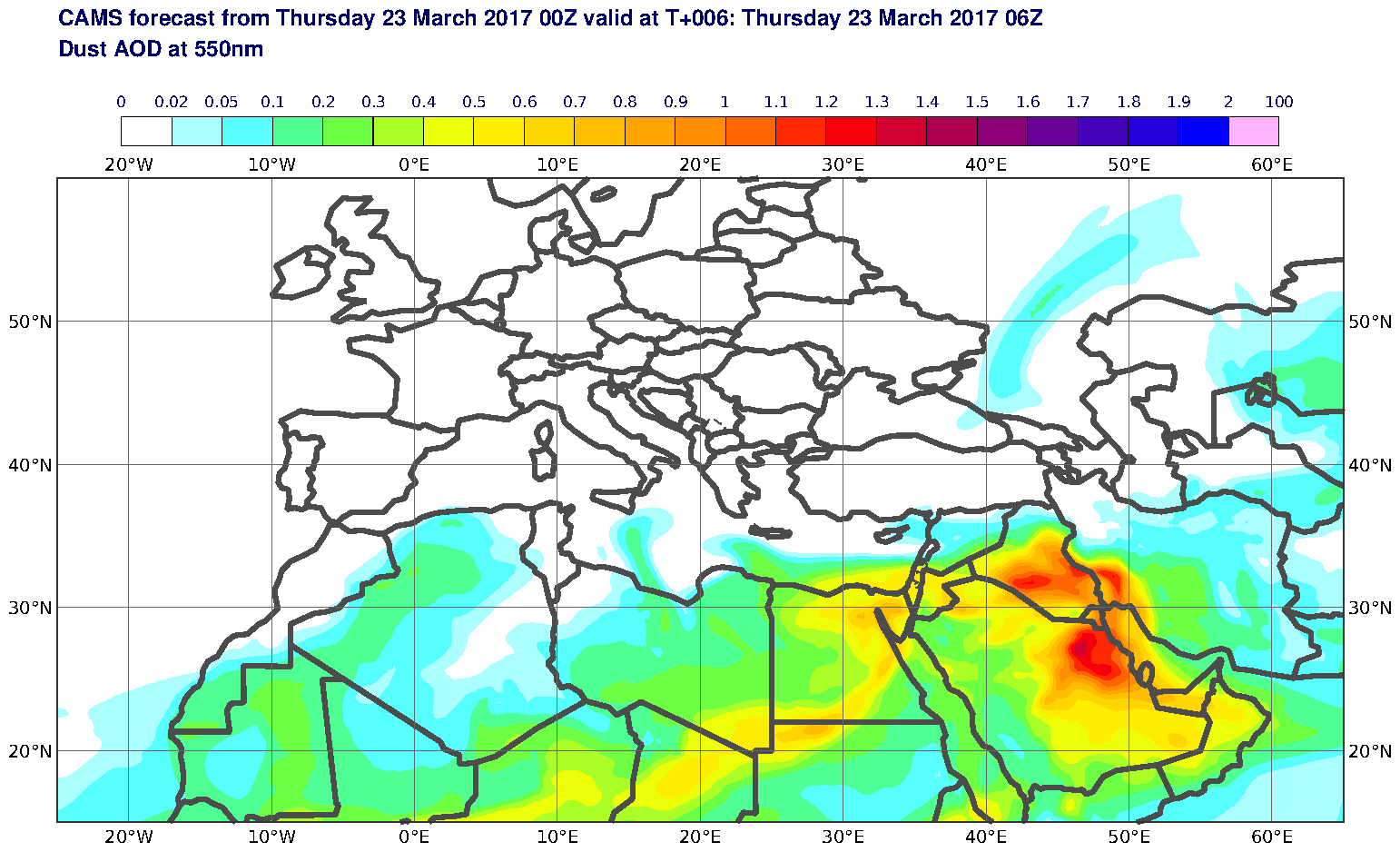 Dust AOD at 550nm valid at T6 - 2017-03-23 06:00