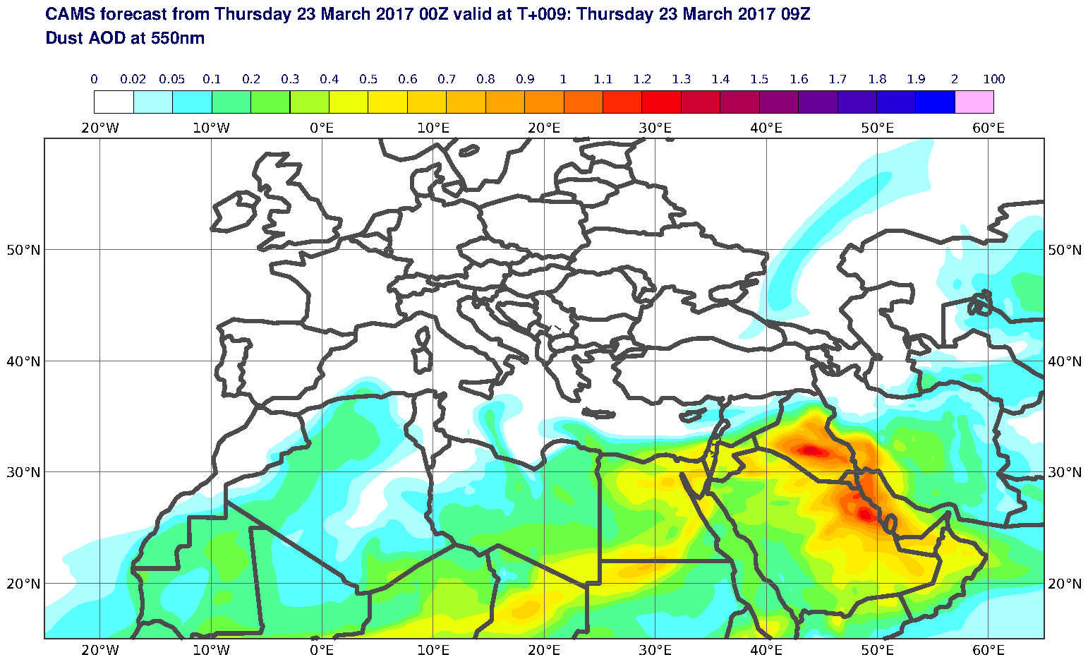 Dust AOD at 550nm valid at T9 - 2017-03-23 09:00