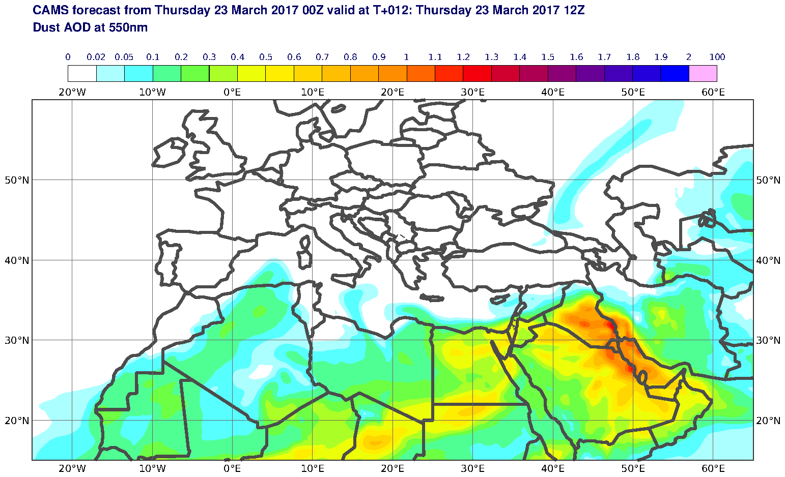 Dust AOD at 550nm valid at T12 - 2017-03-23 12:00