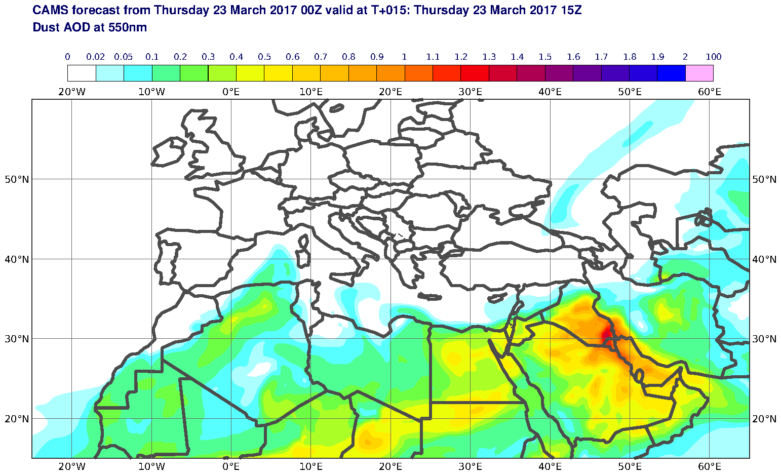 Dust AOD at 550nm valid at T15 - 2017-03-23 15:00