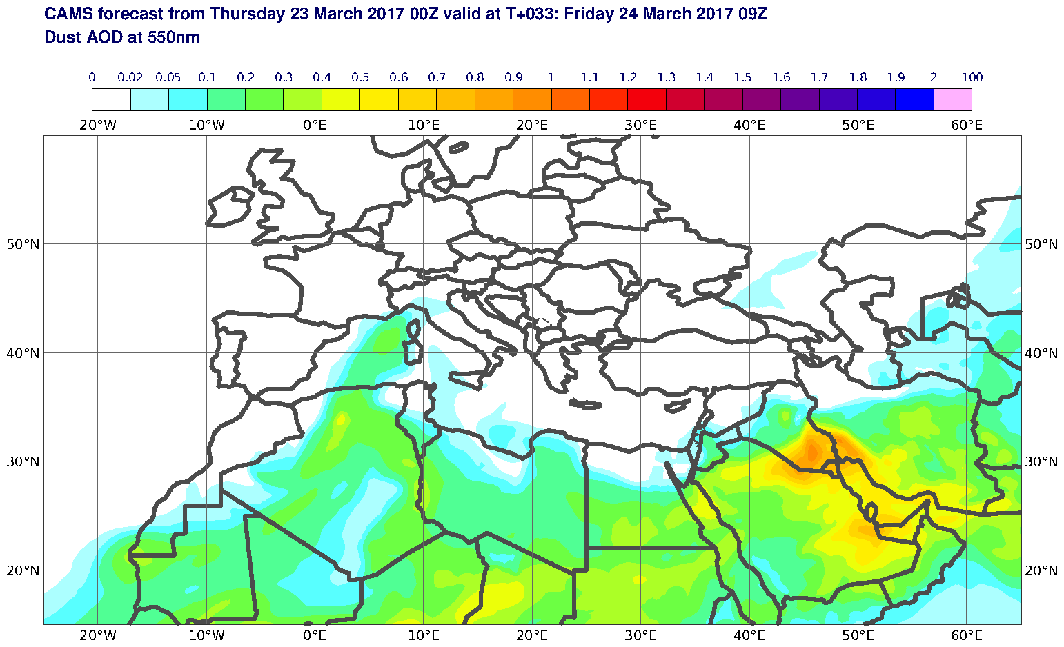 Dust AOD at 550nm valid at T33 - 2017-03-24 09:00