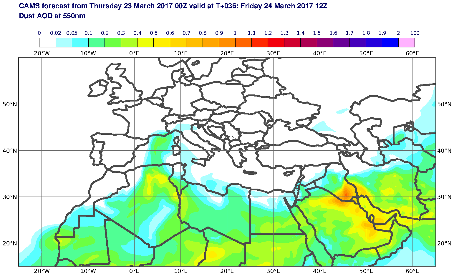 Dust AOD at 550nm valid at T36 - 2017-03-24 12:00