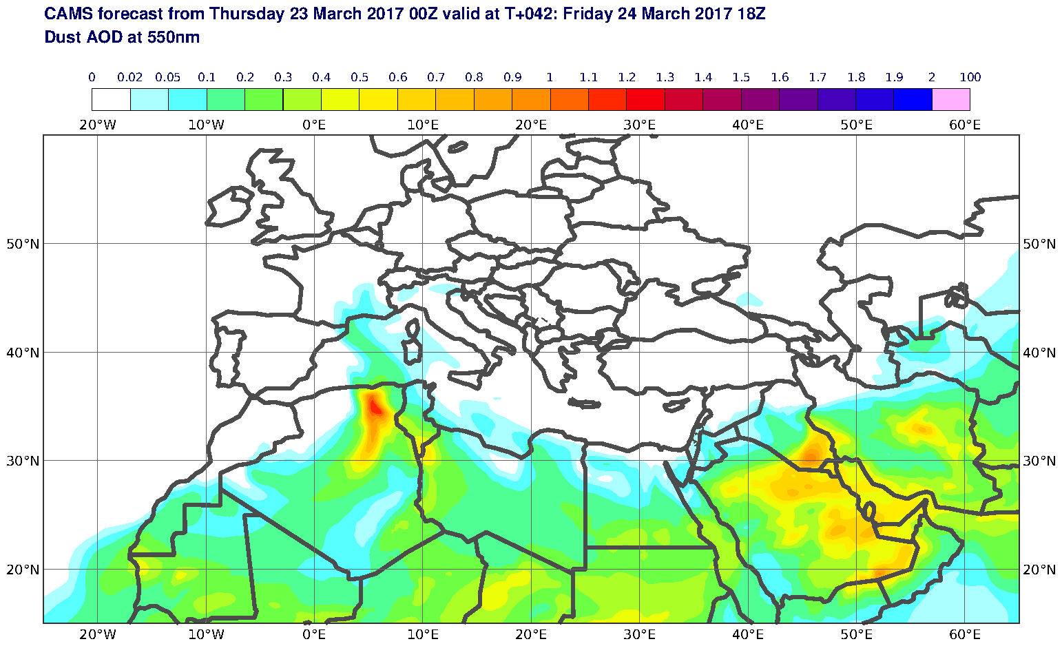 Dust AOD at 550nm valid at T42 - 2017-03-24 18:00