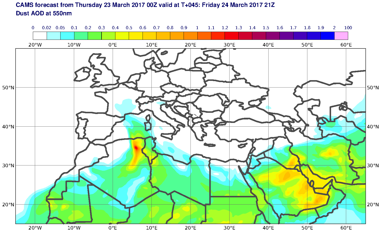 Dust AOD at 550nm valid at T45 - 2017-03-24 21:00