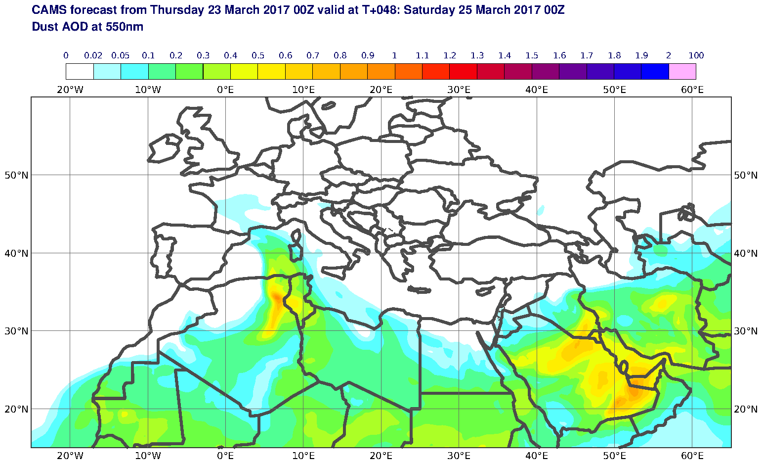 Dust AOD at 550nm valid at T48 - 2017-03-25 00:00