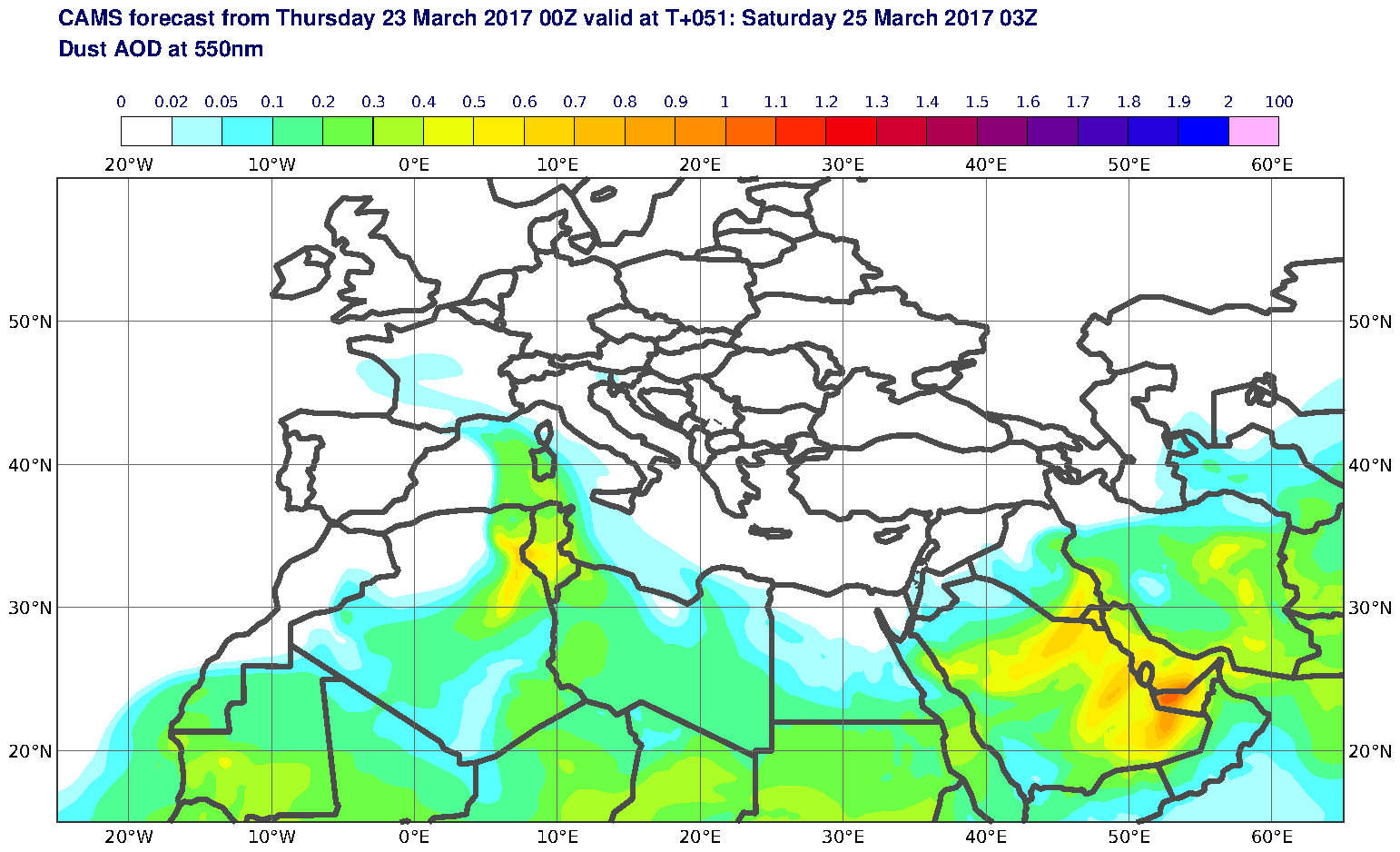 Dust AOD at 550nm valid at T51 - 2017-03-25 03:00