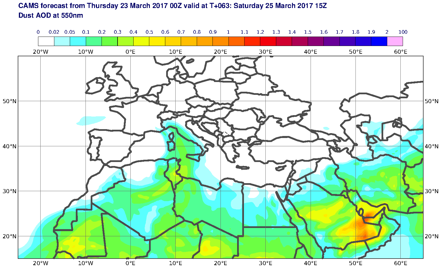 Dust AOD at 550nm valid at T63 - 2017-03-25 15:00