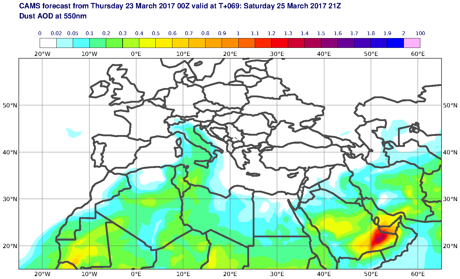 Dust AOD at 550nm valid at T69 - 2017-03-25 21:00