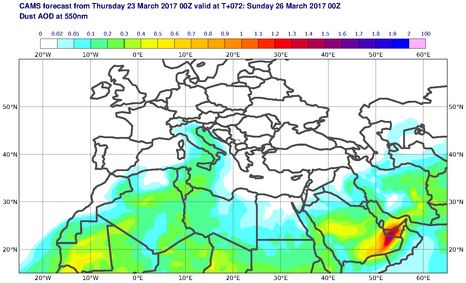 Dust AOD at 550nm valid at T72 - 2017-03-26 00:00