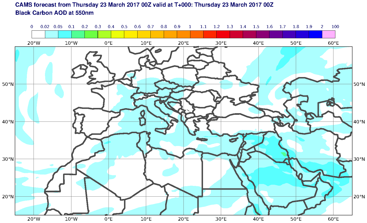 Black Carbon AOD at 550nm valid at T0 - 2017-03-23 00:00