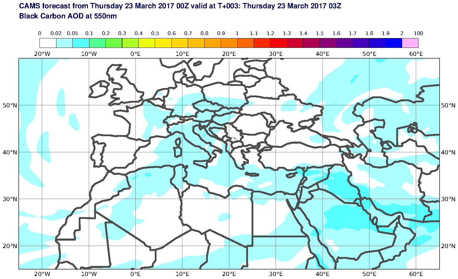 Black Carbon AOD at 550nm valid at T3 - 2017-03-23 03:00