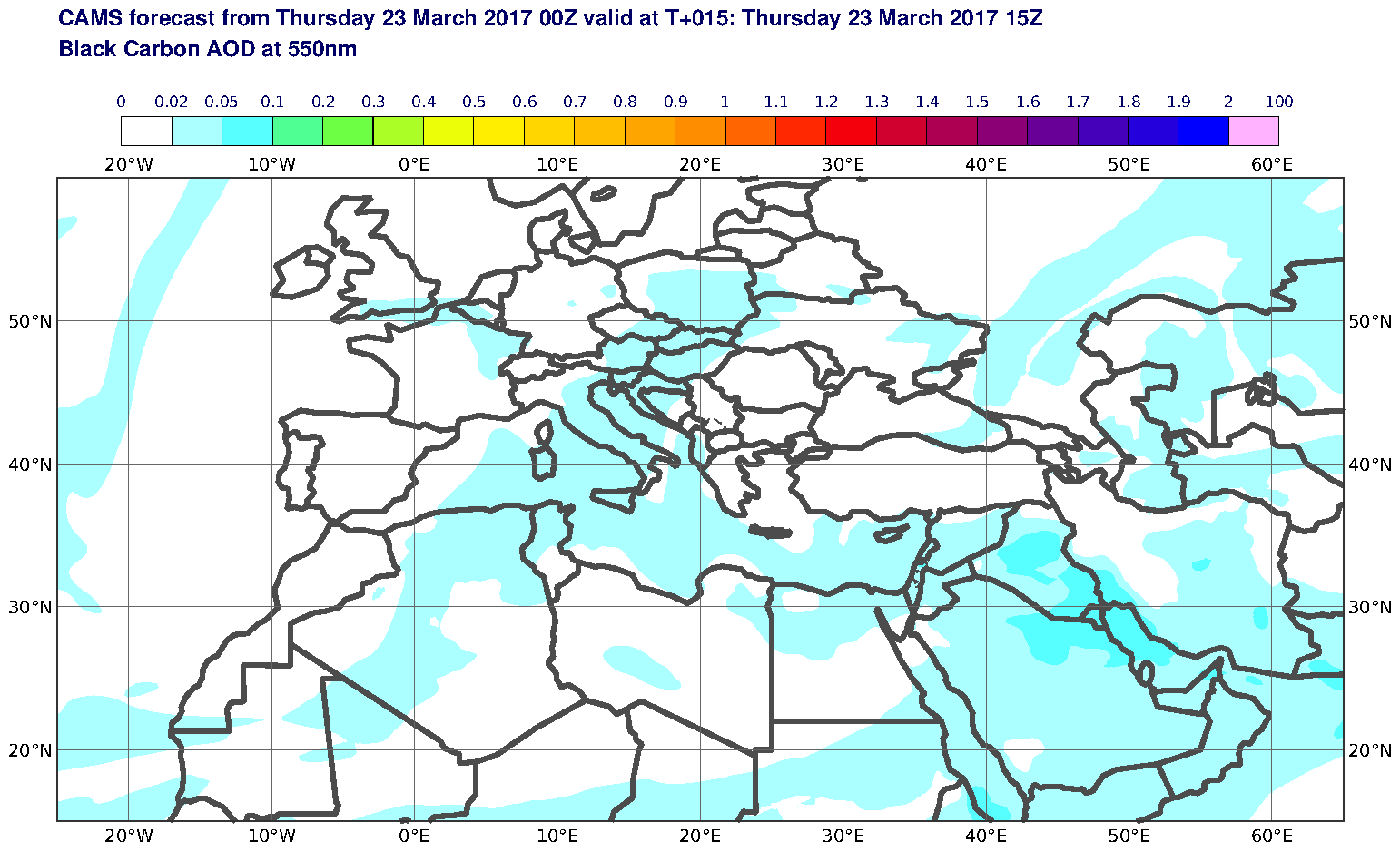 Black Carbon AOD at 550nm valid at T15 - 2017-03-23 15:00