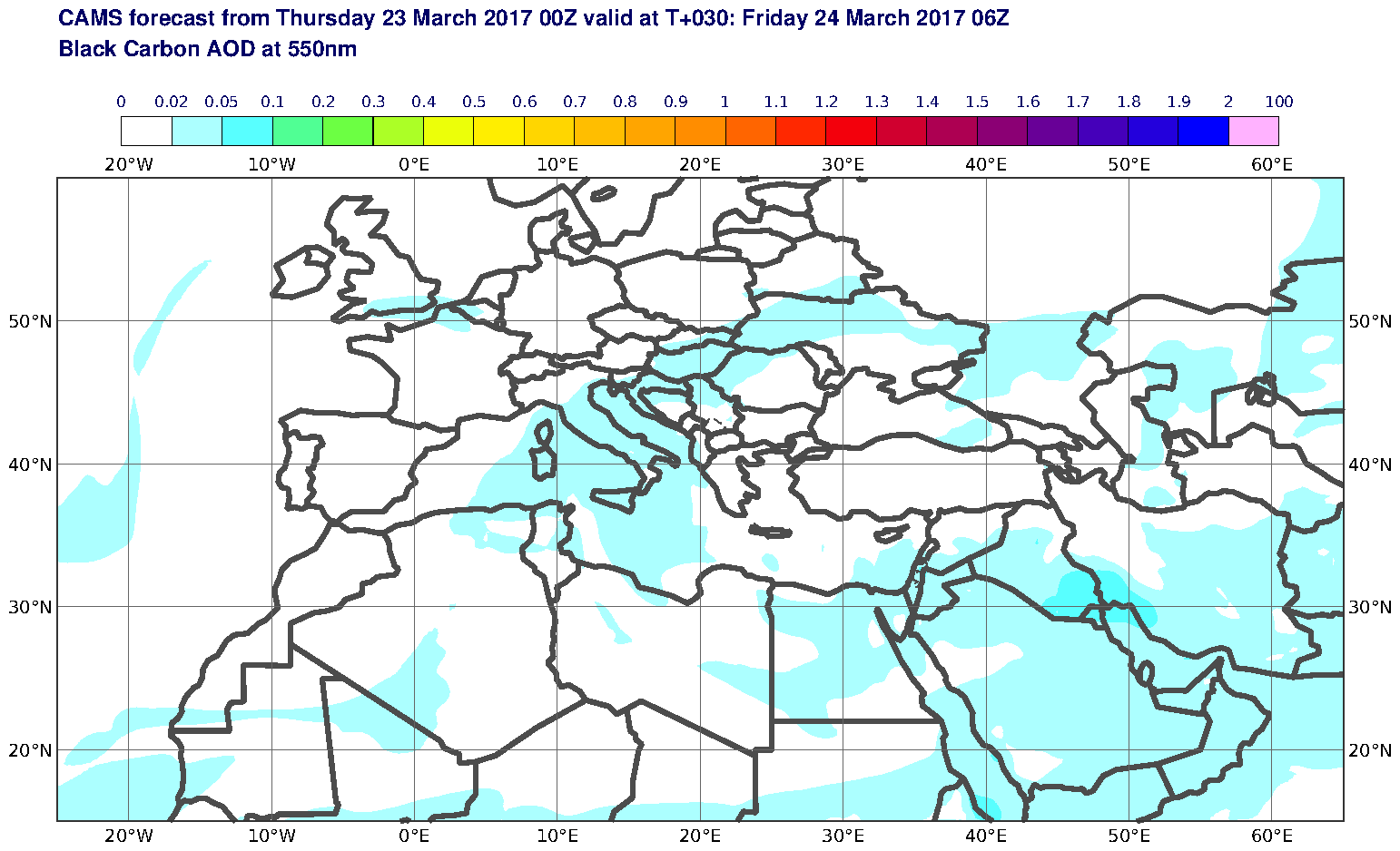 Black Carbon AOD at 550nm valid at T30 - 2017-03-24 06:00