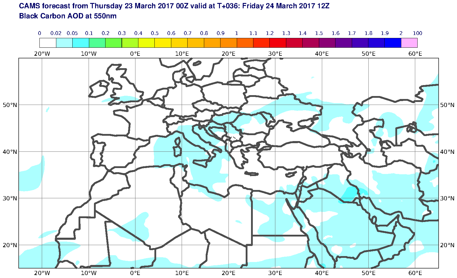 Black Carbon AOD at 550nm valid at T36 - 2017-03-24 12:00