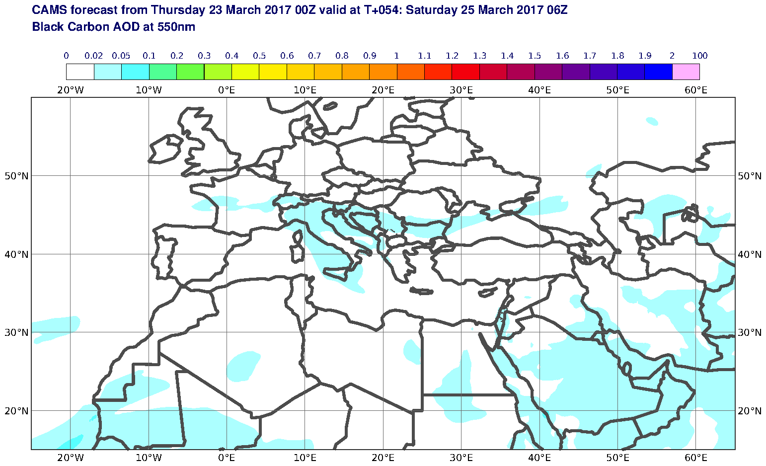 Black Carbon AOD at 550nm valid at T54 - 2017-03-25 06:00